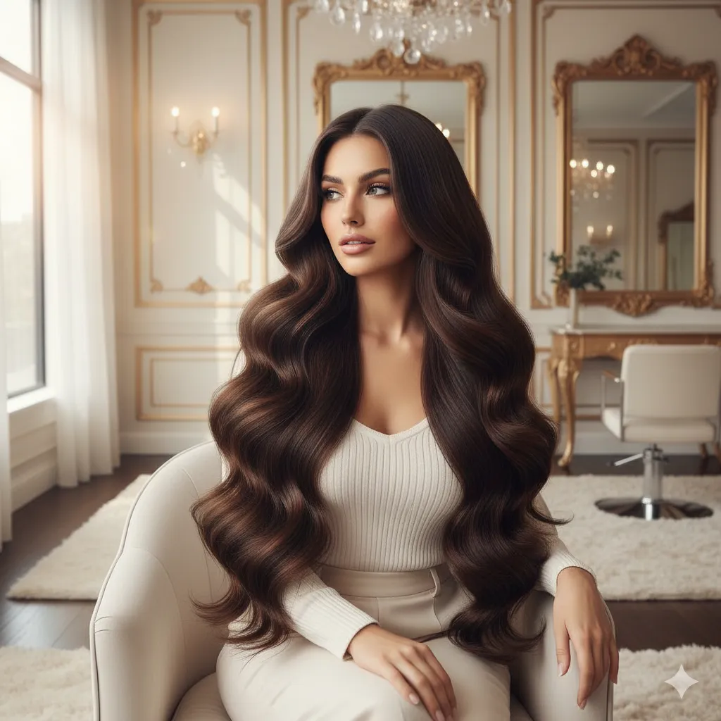Client with luxurious brunette hair extensions in an elegant salon setting
